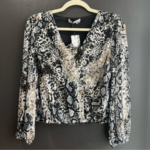 Alice + Olivia Luba wrap-effect snake-print burnout crepe de chine blouse Sz S